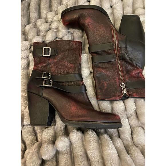 9.5 kork ease triple belted ankle boots/booties red leather italian - Picture 2 of 12